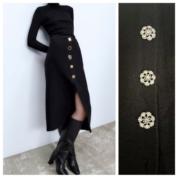 NWT. Zara Black Textured High-Waisted Midi Skirt with Jeweled Buttons Size XXL. - Picture 4 of 13